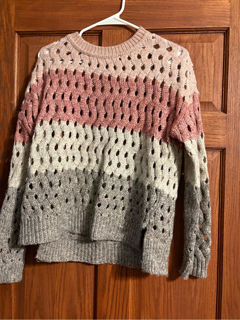 CHARLIE B Openwork Striped Crewneck Sweater in Pink, Cream & Gray